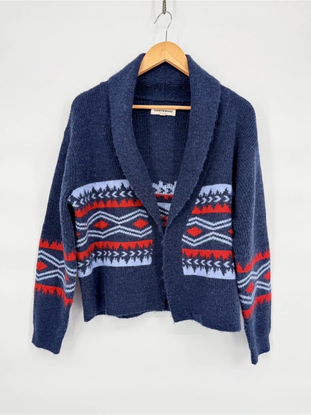 Lucky Brand Southwestern Shawl Cardigan Blue Red Aztec Tribal Knit Sweater Small